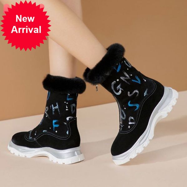 

women winter snowboots genuine leather warm women's round toe thick bottom with zipper shoes size 34-41, Black