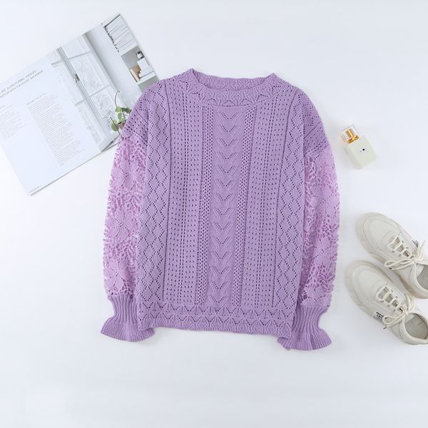 

sweater women autumn and winter amazon new stitching long-sleeved lace knitted pullover sweater, White;black