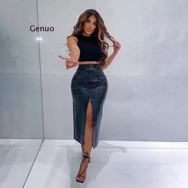 

autumn solid pu leather long skirt women fashion high waist split clothing lady casual straight skirt 2021 new, Black