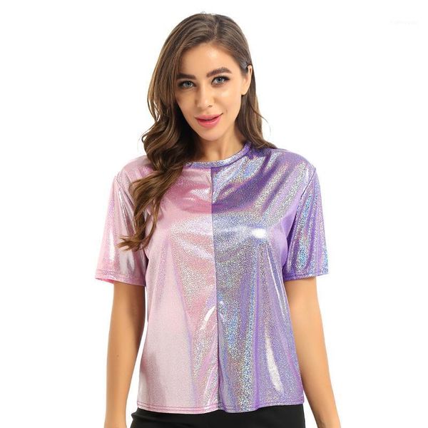 

fashion women party club shiny metallic round neck short sleeves sparkles glitter loose holographic t-shirt hip hop t-shirt 1, White
