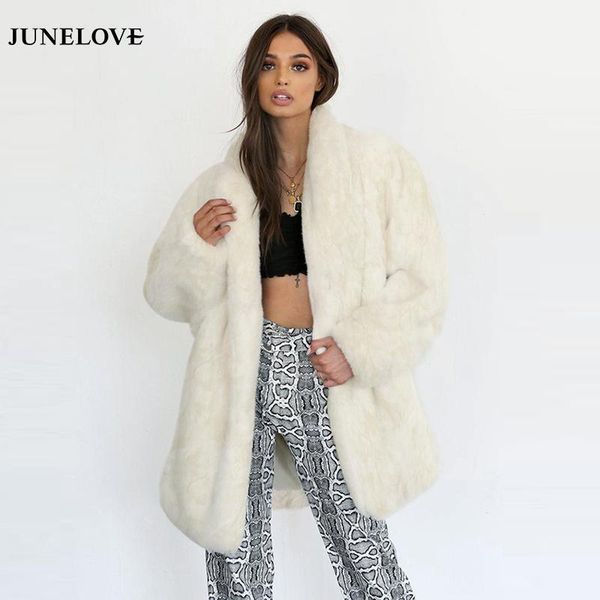 

junelove women vintage faux fur coat new fashion casual white fur winter thick warm long coat fluffy jacket plus size outwear1, Black