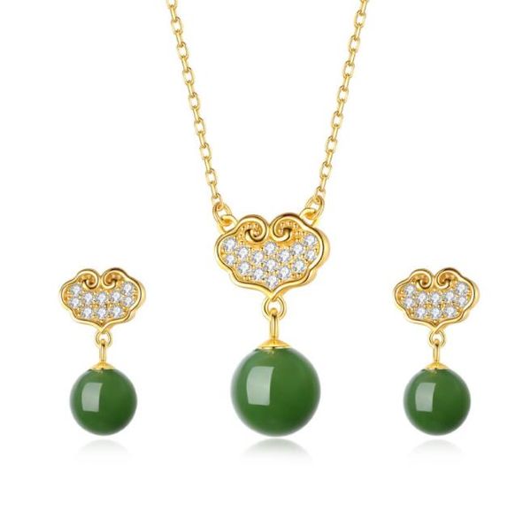 

s925 natural hetian jade jasper auspicious peace necklace female earrings, Silver