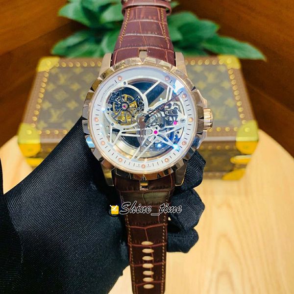 

new excalibur skeleton tourbillon dial rose gold case rddbex0392 automatic mechanical mens watch leather strap luxry watches, Slivery;brown