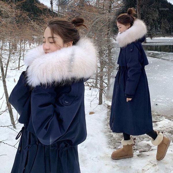 

new winter women large hooded faux fur collar long down coat 90% white duck down jackets parkas vintage loose thick warm outwear1, Black