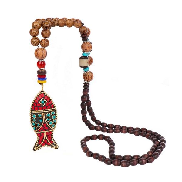 

1 pcs Handmade Necklace Buddhist Mala Wood Beads Fish Pendant Necklace Ethnic Long Statement Jewelry Women Men, Silver