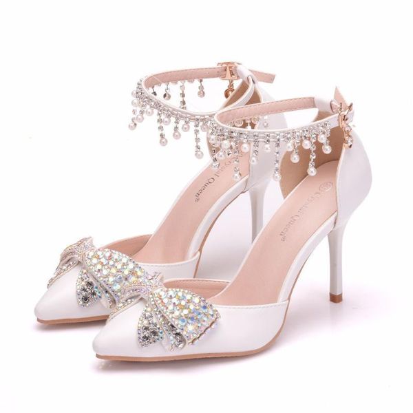 

crystal pointed toe pumps bow high heels sandals women white wedding shoes party pearl ladies bridal shoe zapatos mujer, Black