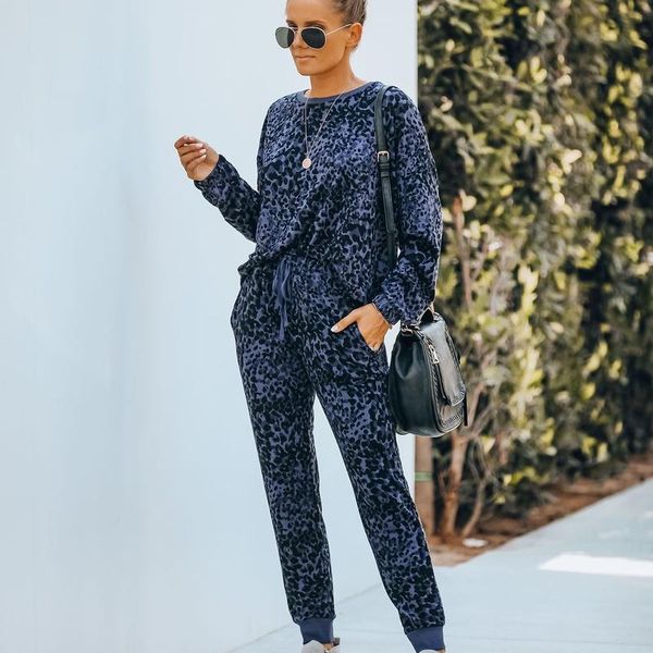 

women leopard printed long sleeve pullover loose trousers casual two piece set, Gray