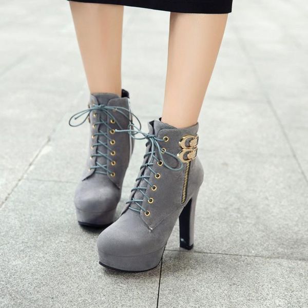 

boots big size 11 12 13 14 15 16 17 18 19 suede short cylinder rough heel side zipper waterproof platform cross-strap boots1, Black