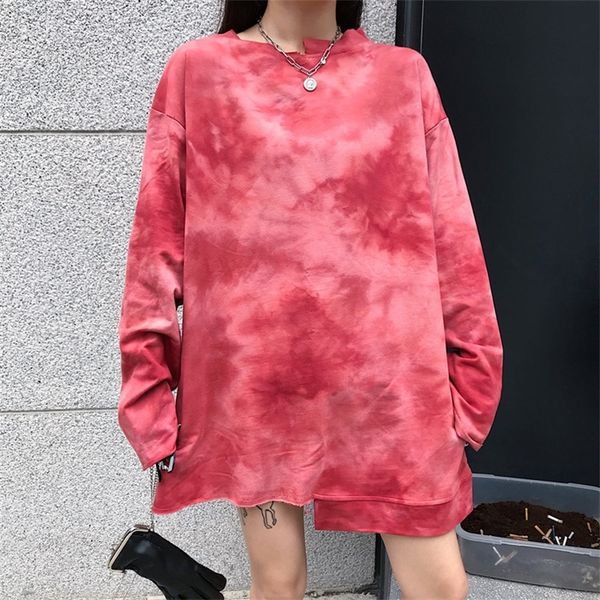 Harajuku mulheres camisa streetwear estilo coreano solto laço-tintura hoodies vermelho roxo azul o- pescoço hop hop hop hoosies femal personalidade t200525