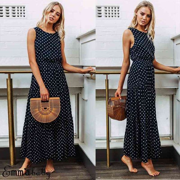 

bobo women evening party beach dresses summer sundress dark blue boho loose sleeveless holiday dot print long maxi dress, Black;gray