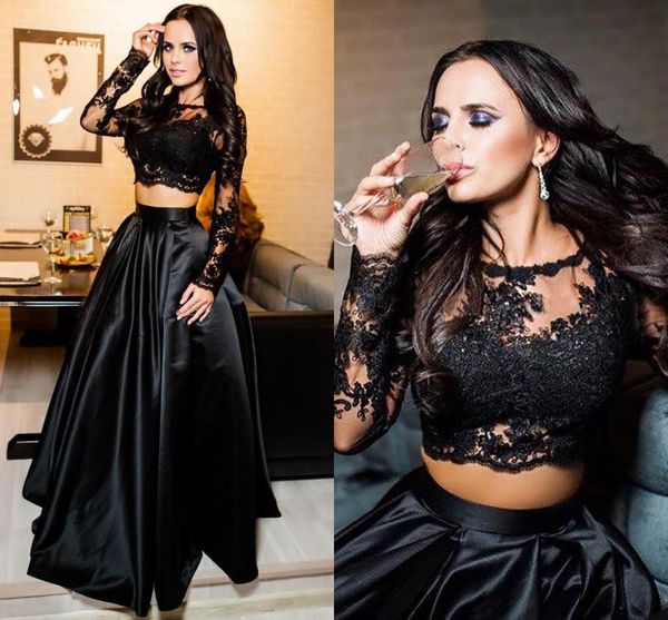 

two pieces prom dresses 2021 black lace arabic long sleeves formal evening gowns a line plus size vestidos de fiesta cocktail party dress