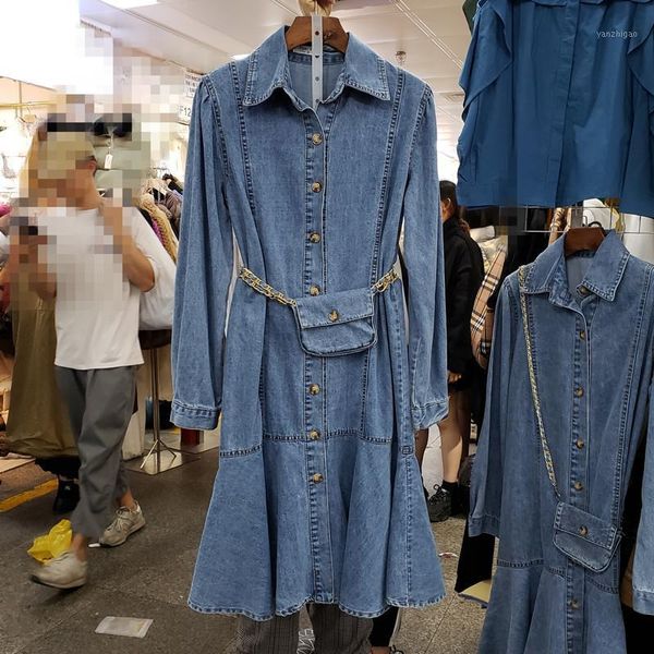 

ewq] 2020 spring new full sleeve turn-down collar fashion trendy long ladies denim dress korean style loose blue dresses qz4821, Black;gray