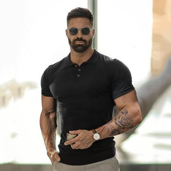 

muscle polo shirt summer sports short sleeve lapel men's fitness tights running training clothing cotton, White;black