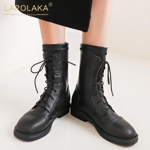 

boots lapolaka 2021 lace up spring autumn ankle woman shoes concise comfortable office lady footwear, Black