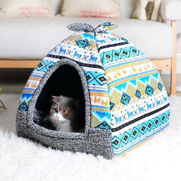 

cat house foldable lovely printing puppy cat bed cotton warm cozy tent mat cushion pet products