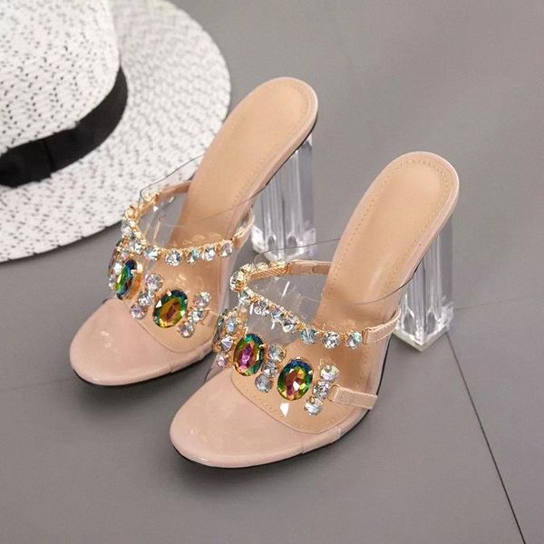 

nuask summer fashion crystal diamond slides clear pvc transparent slippers women shoes peep toe high heels mules dress pumps #oz36