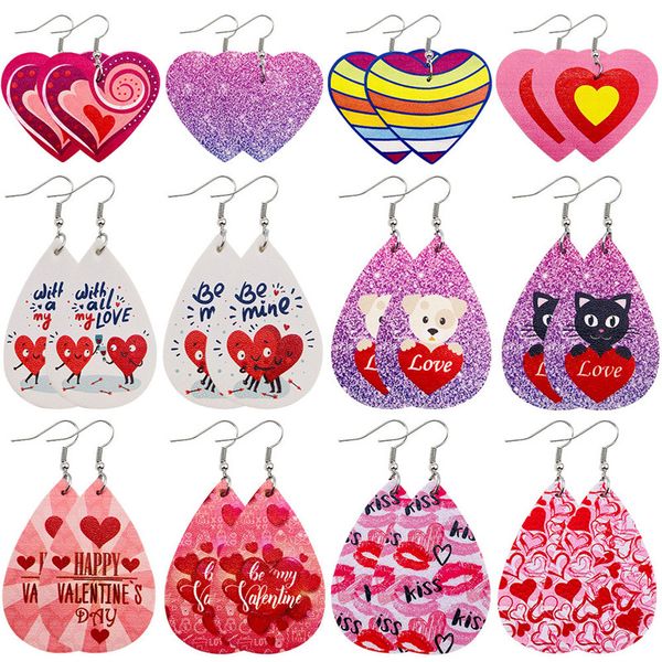 

valentine's day earrings red lips heart-shaped double-sided printing pu leather earrings teardrop ear drop for women designer jewelry g, Silver