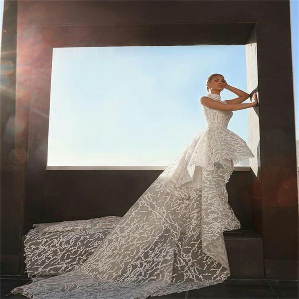 

luxury wedding dresses with detachable train sequins high neck tiered appliqued mermaid wedding dress custom made modern bridal gowns, White