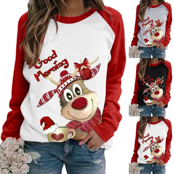 

autumn round neck sweater ladies christmas print raglan pullover long sleeve shirt undefined happy new year 2020, White;black