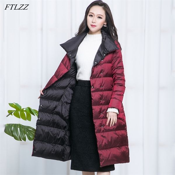 

ftlzz new women double sided down long jacket winter turtleneck white duck down coat double breasted warm parkas snow outwear 201210, Black