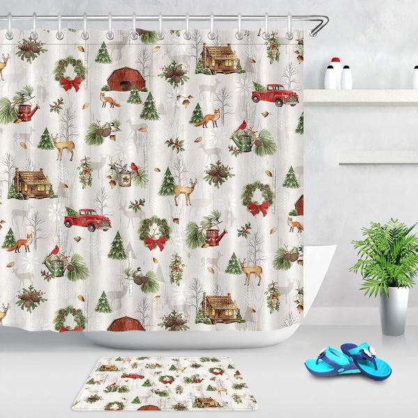 

christmas theme shower curtain forest elk retro red truck christmas tree bathroom decor bathtub curtains with 12 hooks & doormat