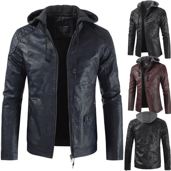 

mens leather jackets winter warm coats plus thick outerwear biker motorcycle male classic hooded faux jacket dl94, Black