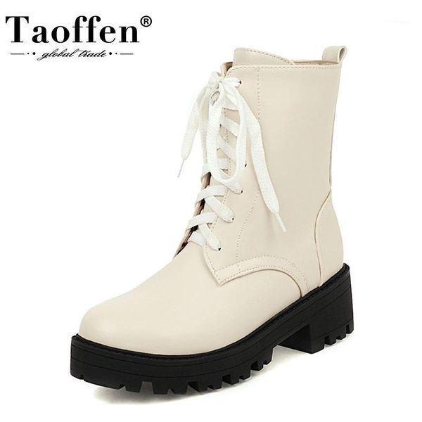 

boots taoffen women ankle lace up thick heel winter short fashion cool shoes woman footwear size 34-431, Black