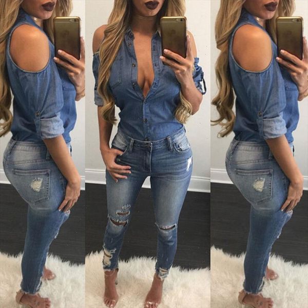 

2021 new style new fashion women denim cold shoulder strapless imitation cowboy long sleeve shirt casual, White