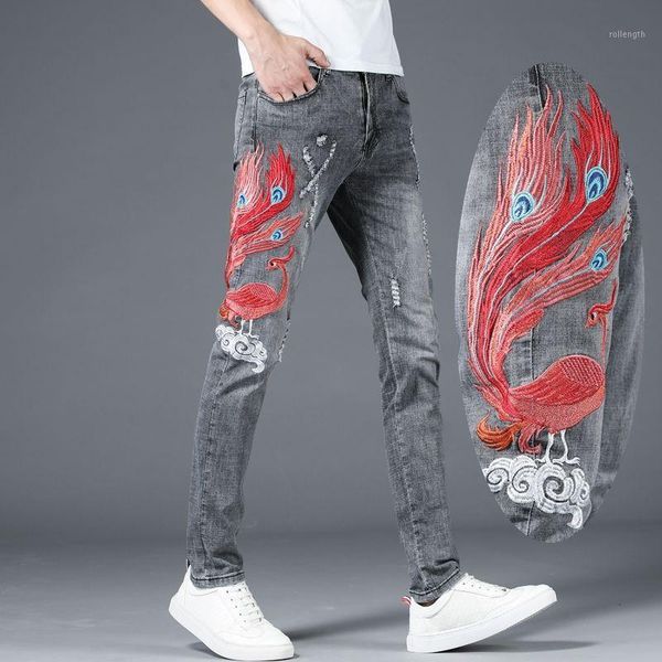 

2020 new trend red phoenix embroidered jeans men's straight personality hole slim retro pants grey color men demin jeans ker1, Blue