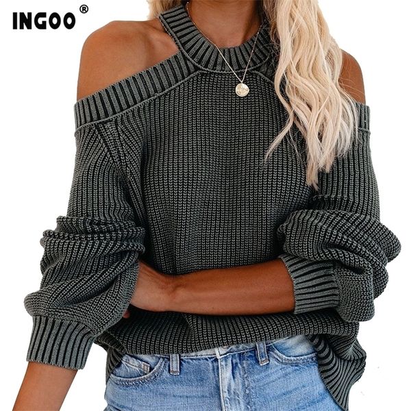 

ingoo autumn halter sweater women hollow out backless cross fashion solid jumper puff sleeve winter oversize sweaters lj201017, White;black