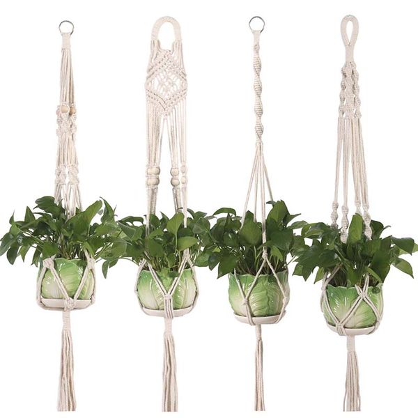 

flower pot hanging basket plant hanger hook flower pot handmade knitting natural fine cordage planter holder basket balcony decoration w95