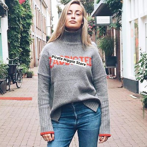 

letter turtleneck thick gray sweater women autumn winter long sleeve wool warm pullover casual vintage rock sweaters 2020, White;black