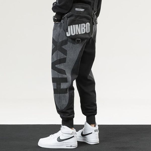 

fashion streetwear men jeans loose fit spliced designer casual cargo pants hombre wide leg printed hip hop joggers sweatpants, Blue