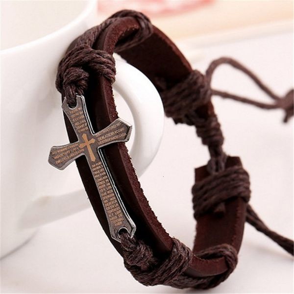 

braided cross bible charm urban bracelet handmade black genuine leather adjustable wristband retro jewelryr9zm