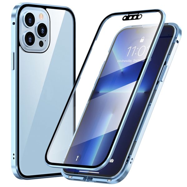 Custodie con struttura in metallo ad adsorbimento magnetico a copertura totale 360 per iPhone 13 12 11 Pro Max mini XS XR 8 7 Plus Cover magnetica con vetro temperato trasparente