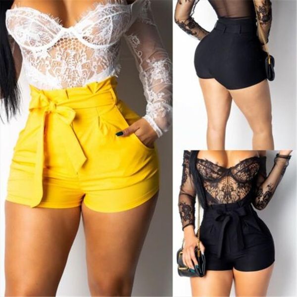 

women high waist shorts bow tie belt wide leg shorts female summer a line loose solid yellow black white lace up women, White;black