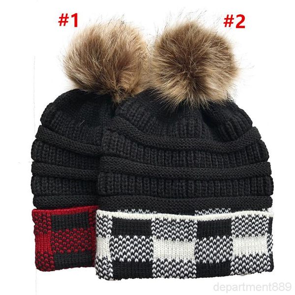

women plaid knitted caps pom ball ponytail beanie winter warm wool knitting hat christmas party hats owe2765