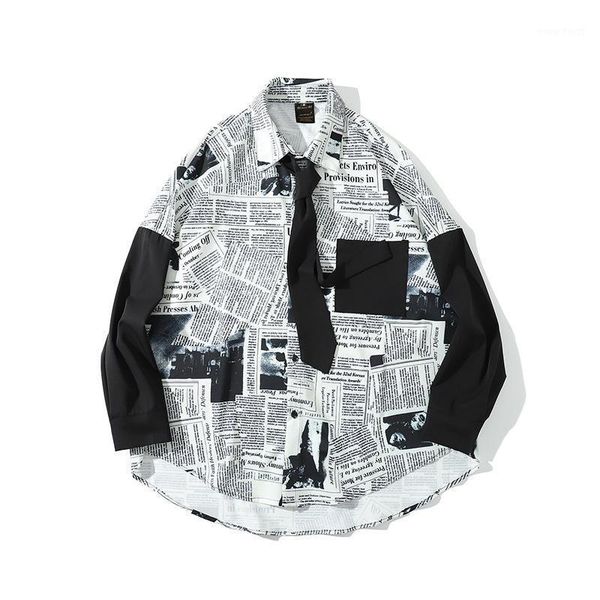 

2020 autumn and winter new men's black and white printing casual fashion long-sleeved shirt loose shirt1, White;black