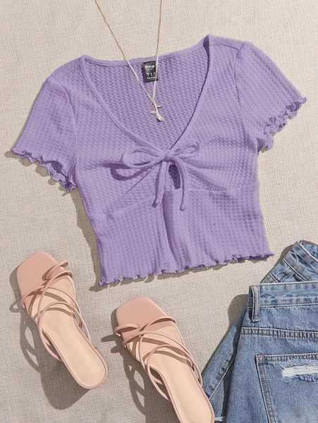 

lettuce trim knot front waffle knit tee p55o#, White