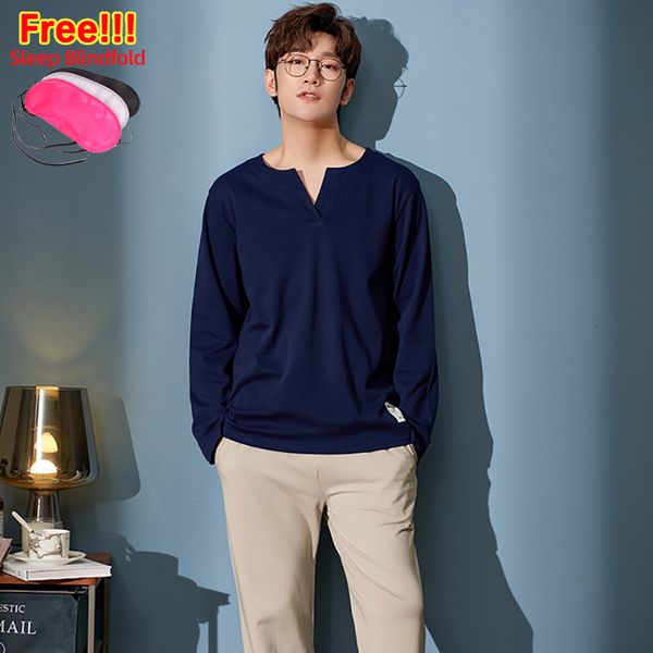 

melifle autumn men's pajamas sets 100% cotton pjs long sleeve pure satin male sleepwear winter warm o-neck silk lounge nightwear 201023, Black;brown