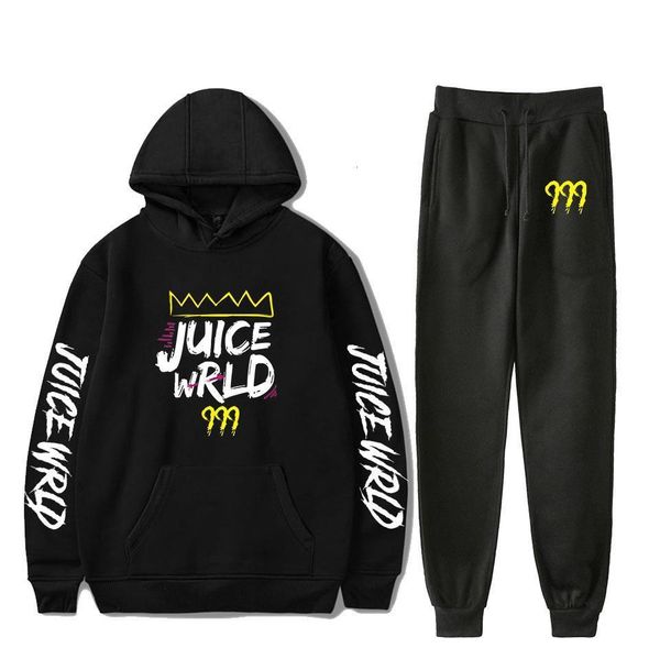 

rapper juice wrld 2d hip hop printed two piece set women/men long sleeve hoodies+long pants suit plus size 4xl, Black