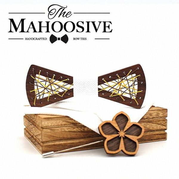 

mens wooden bow tie carved wood bowtie pocket square cufflinks set floral bowtie wooden box suit business wedding 58ra#, Black;gray