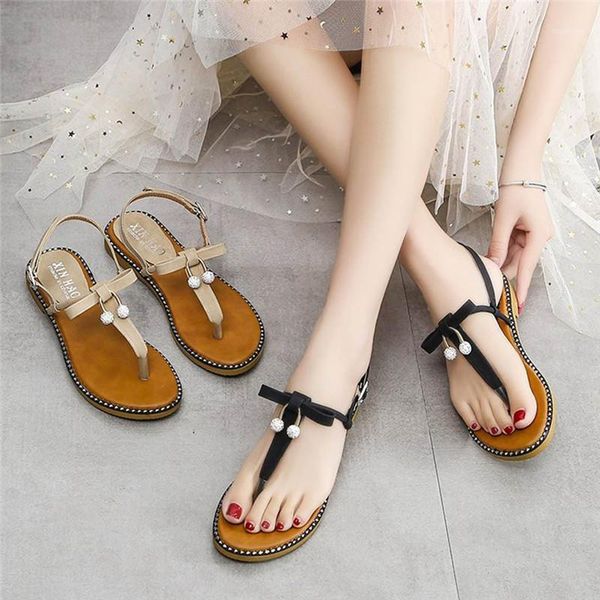 

sandals bow flat shoes women casual summer buckle strap outdoor beach flip flops trendy sandalias mujer #221, Black
