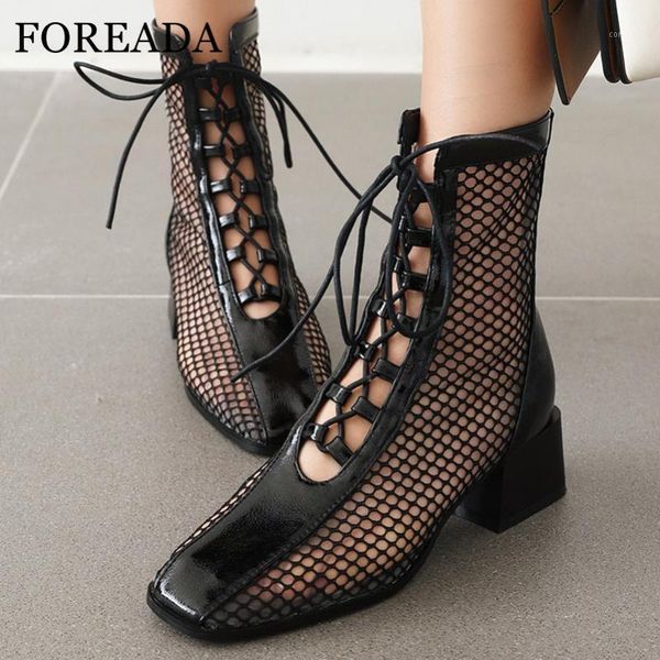 

foreada ankle boots women cutouts med heels lace up thick heel shoes zipper square toe ladies boots summer black apricot size 431