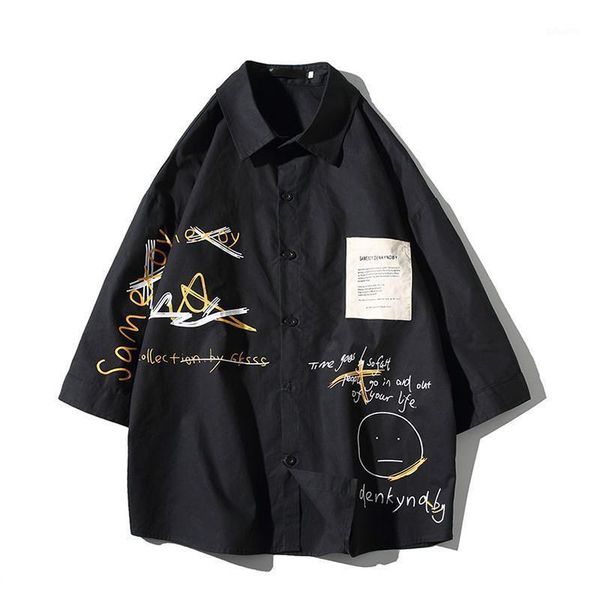 

fashion korean shirts men casual summer autumn shirt homme hip hop shirts male harajuku streetwear punk funny blouse shirt1, White;black
