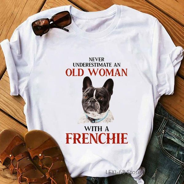 

dog mom t shirt never underestimate an old woman with a dachshund french bulldog black cat doodle beagle funny tshirt femme, White