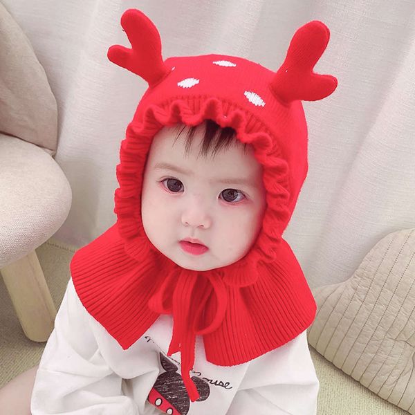 

shawl piece autumn korean one cartoon antler and winter cute warm baby hat t25u, Red;brown
