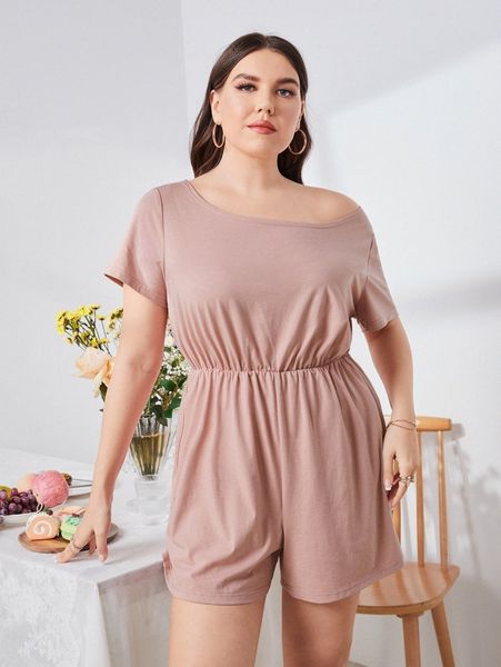 

plus solid scoop neck romper m5ru#, Black