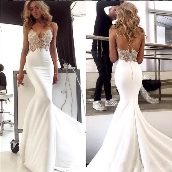 

new fashion simple satin bohemian lace mermaid wedding dresses deep v-neck backless floor length wedding dress bridal gowns vestidos, White