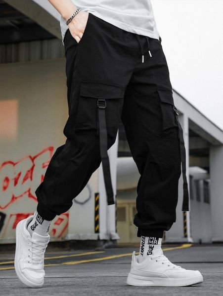 

men drawstring pocket buckle cargo pants r5nm#, Black